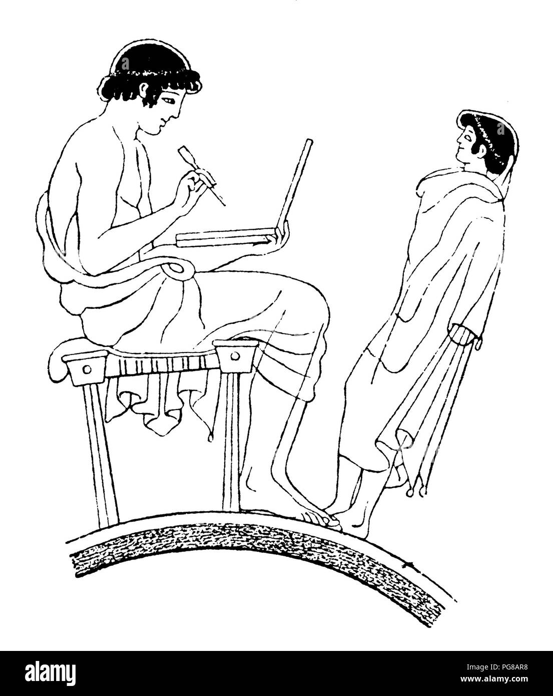 Élève avec tablette de cire et stilos, scène de l'école de la Grèce antique, par le peintre vase Romain Duris, ch. 500 av. J. Chr., Banque D'Images