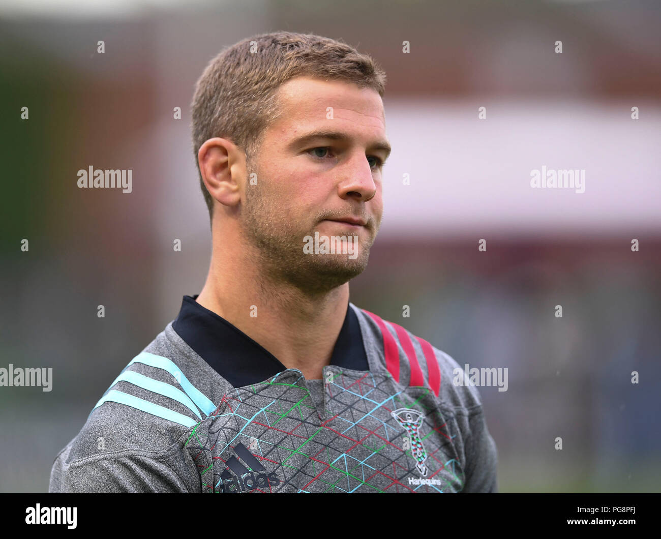 Twickenham Stoop, London, UK. Août 24, 2018. Pré saison rugby friendly, Harlequins contre Trailfinders Ealing ; Charlie Mulchrone d'Arlequins en warm-up Crédit : Action Plus Sports/Alamy Live News Banque D'Images