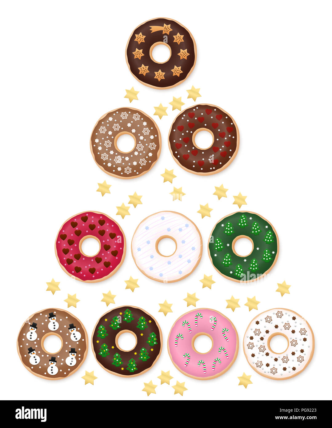 Donuts Arbre de Noël. Collection spéciale avec dix beignets. décoration de fête Joyeux Noël ! Banque D'Images