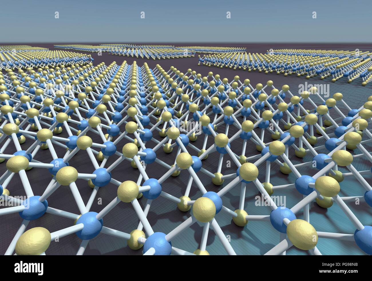 Modèles de transition métal hexagonale dichalcogenide (DMT) couche monocellulaire. Une couche d'atomes de métaux de transition tels que le molybdène, le tungstène ou le tellure est pris en sandwich entre deux couches d'atomes chalcogènes comme le soufre ou le sélénium. Les DMT sont les semi-conducteurs en ce moment l'objet d'une enquête pour leurs propriétés chimiques et micro-électroniques intéressants. Banque D'Images