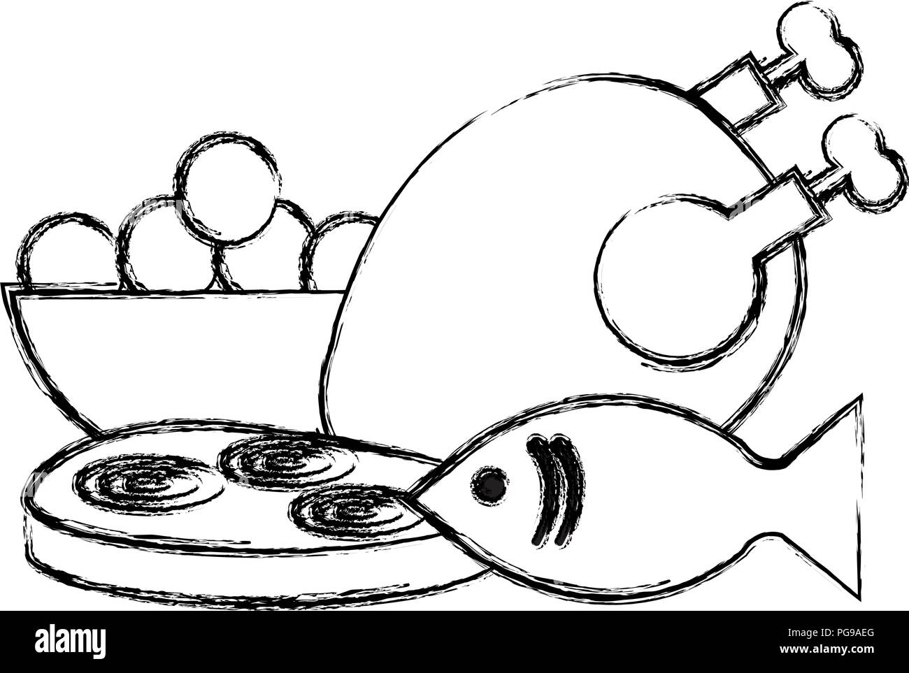 La viande de poulet délicieux avec le poisson et le jambon Illustration de Vecteur