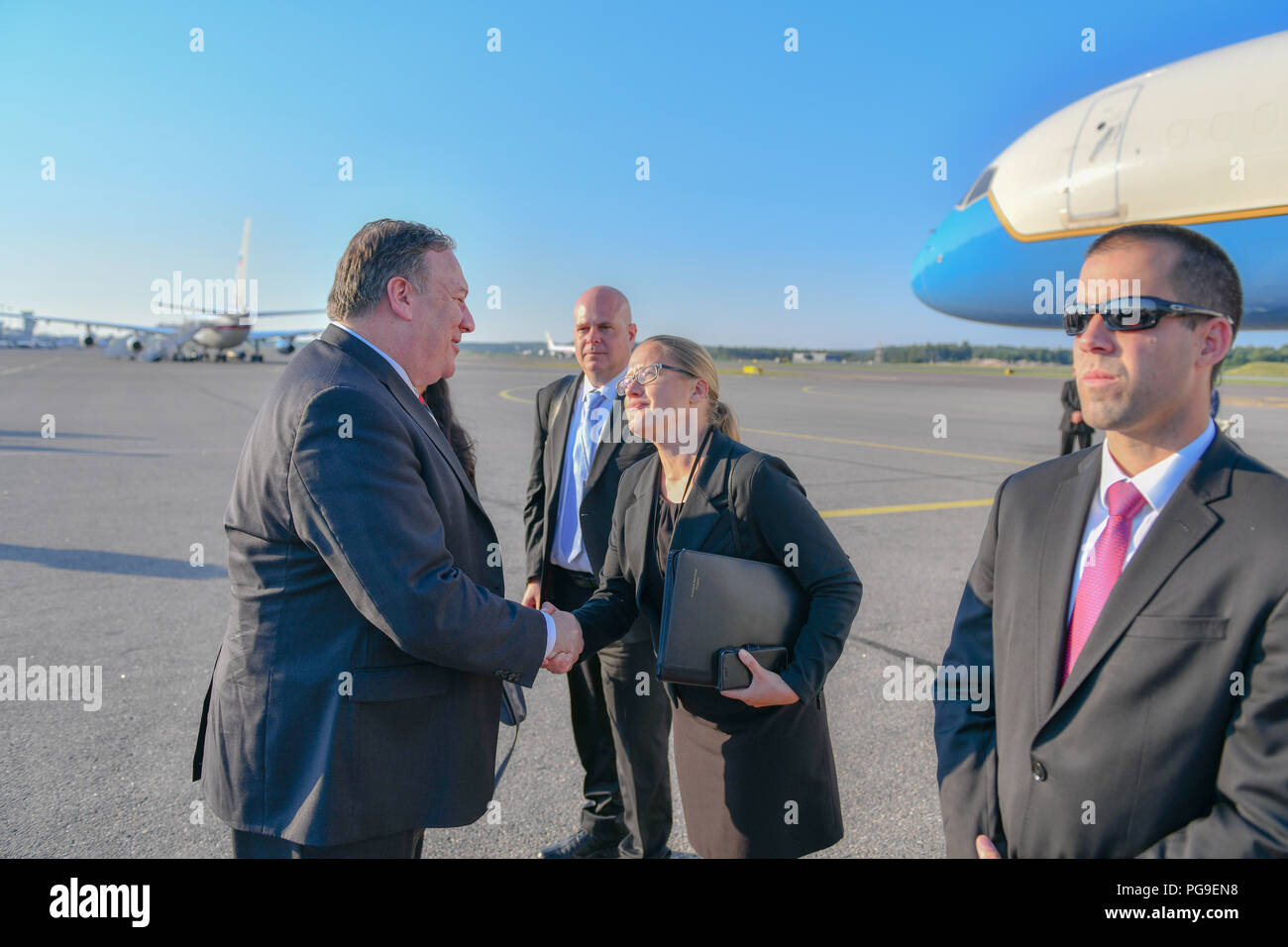La secrétaire d'État des États-Unis, Michael R. Pompeo quitte Helsinki, Finlande le 16 juillet 2018. Banque D'Images