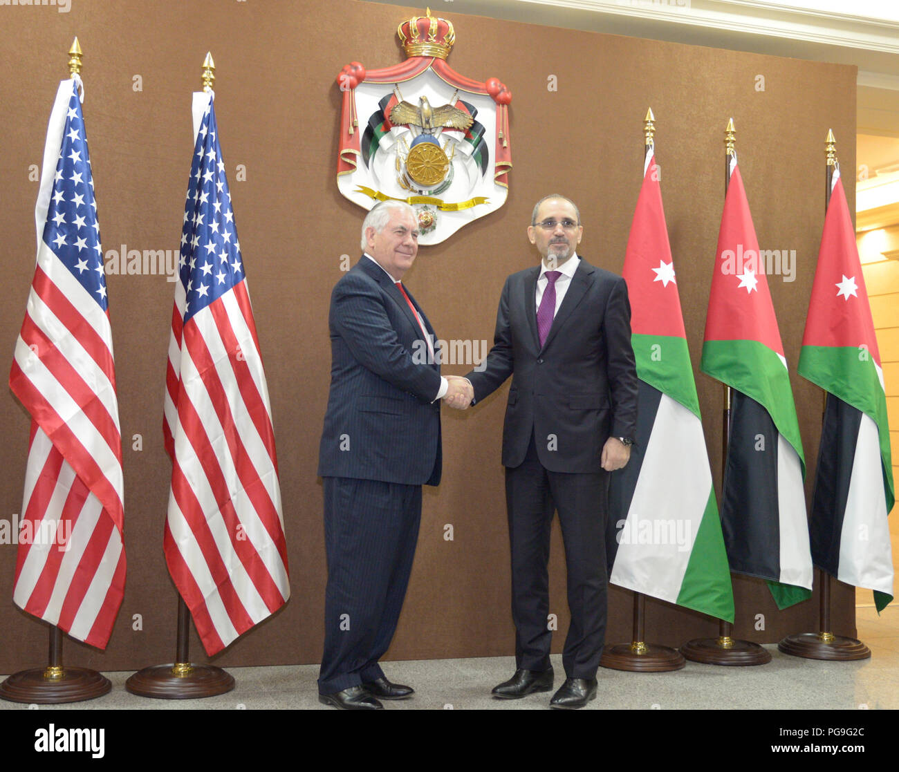 La secrétaire d'État des États-Unis, Rex Tillerson rencontre le ministre jordanien des affaires étrangères Ayman Safadi à Amman, Jordanie, le 14 février 2018. Banque D'Images