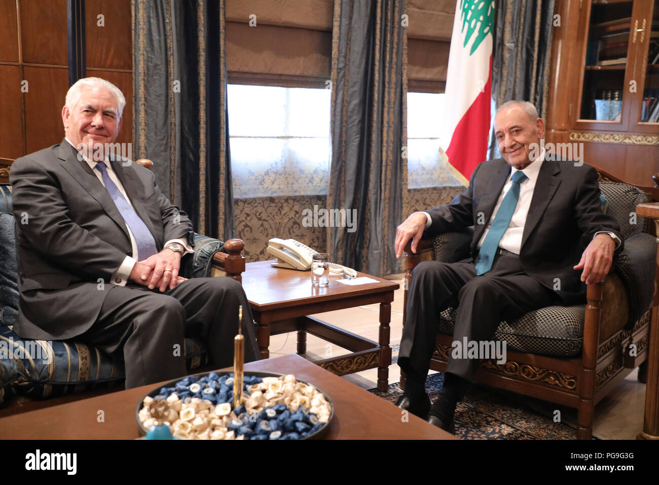 La secrétaire d'État des États-Unis, Rex Tillerson se réunit avec le président du Parlement Nabib Berry à l'Ein el Tineh à Beyrouth au Liban le 15 février 2018. Banque D'Images