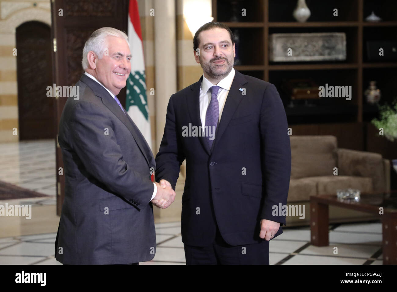 La secrétaire d'État des États-Unis, Rex Tillerson rencontre le Premier Ministre libanais Saad Al Hariri au Grand Sérail à Beyrouth au Liban le 15 février 2018. Banque D'Images