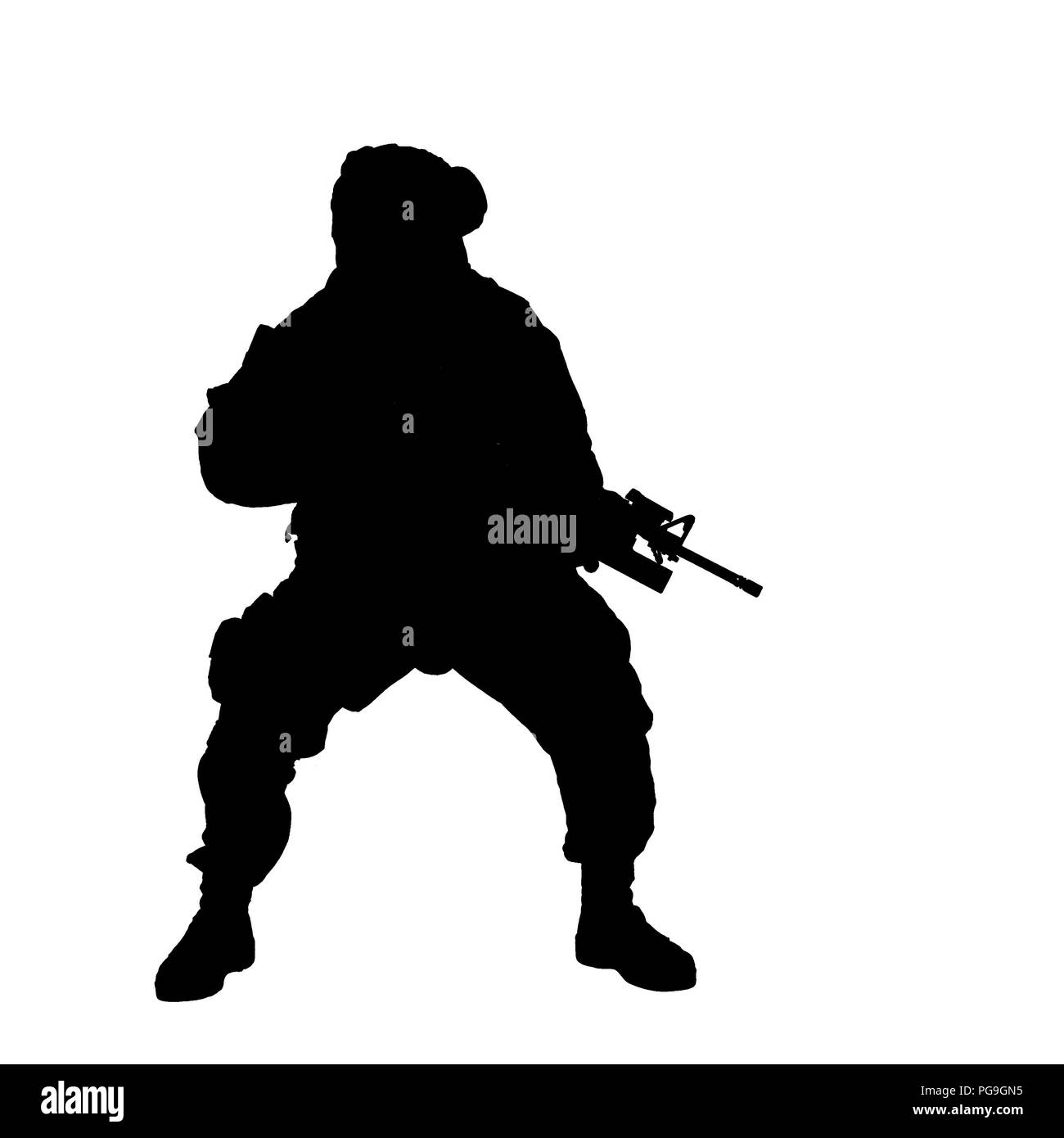 Soldat accroupi sous le feu et les hurlements des commandes Banque D'Images