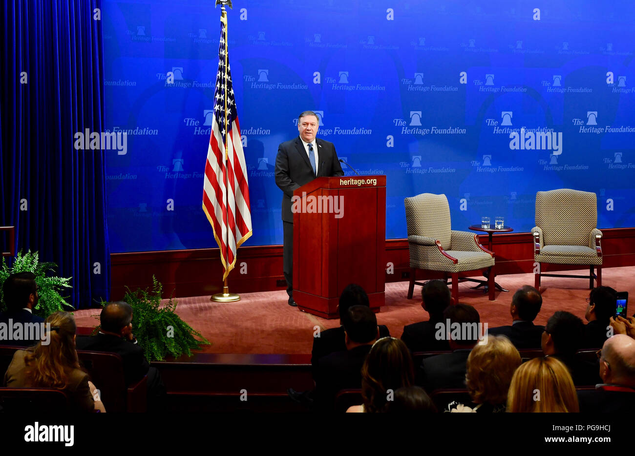 La secrétaire d'État des États-Unis, Mike Pompeo prononce un discours, "Après l'affaire : une nouvelle stratégie de l'Iran", à l'Heritage Foundation, à Washington, D.C, le 21 mai 2018. Banque D'Images