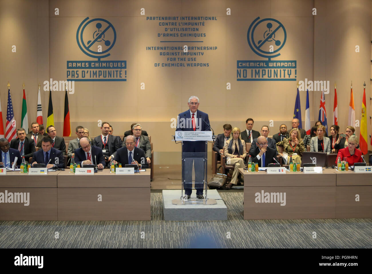 La secrétaire d'État des États-Unis, Rex Tillerson prononce une allocution à la conférence de lancement du Partenariat international contre l'impunité pour l'utilisation d'armes chimiques à Paris, France le 23 janvier 2018. Banque D'Images