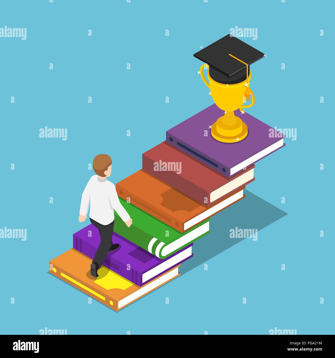 Télévision 3D isométrique businessman walking on livre de bain pour le trophée et graduation cap sur le dessus. La réussite de l'entreprise et de l'éducation concept. Illustration de Vecteur