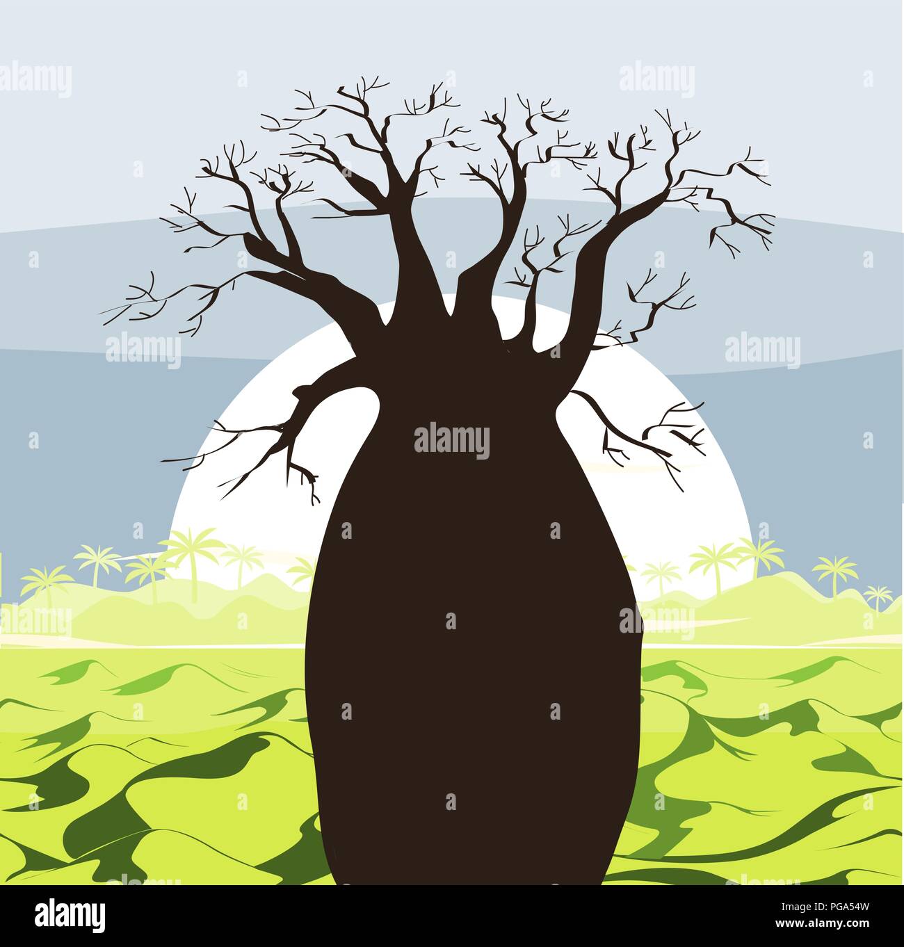 Baobab paysage avec de vertes collines et le soleil. Silhouette de baobab. Lever du soleil de l'Afrique de l'arrière-plan. Vector illustration Illustration de Vecteur Baobab paysage avec de vertes collines et le soleil. Silhouette de baobab. Lever du soleil de l'Afrique de l'arrière-plan. Vector illustration Illustration de Vecteur