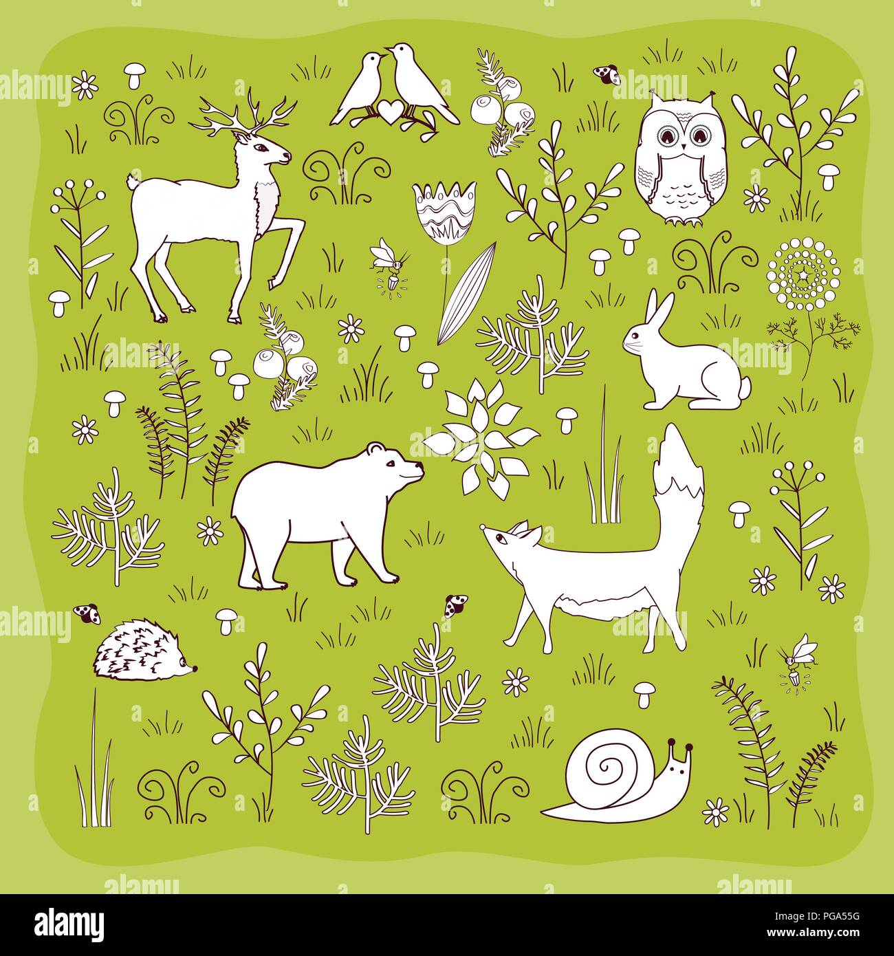 Avec affiche la forêt cute bear, renard, hérisson, oiseaux, abeilles, papillons, champignons, Owl, l'escargot, le cerf, l'entendre, et de fleurs en style cartoon Illustration de Vecteur