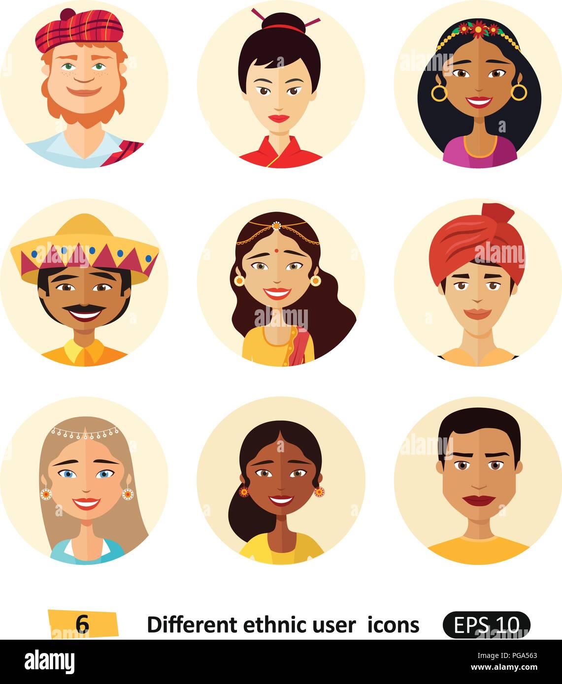 Les Avatars de personnes de diverses nationalités en costumes traditionnels isolated on white illustrations vectorielles Illustration de Vecteur