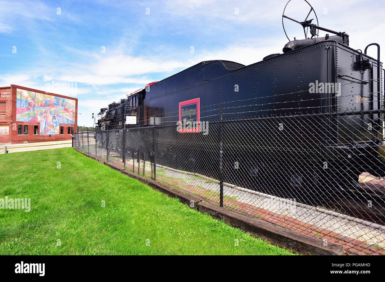 Galesburg, Illinois, USA. Un ancien Chicago, Burlington & Quincy Railroad locomotive à vapeur sur l'affichage à l'Galesburg Railroad Museum. Banque D'Images