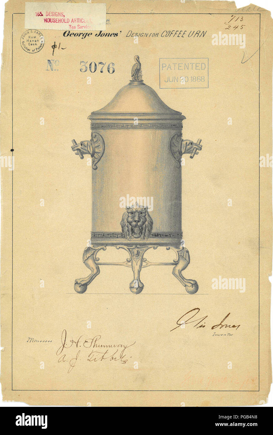 Conception pour une urne à café 1868. Ce brevet a été conçu par George Jones. Banque D'Images