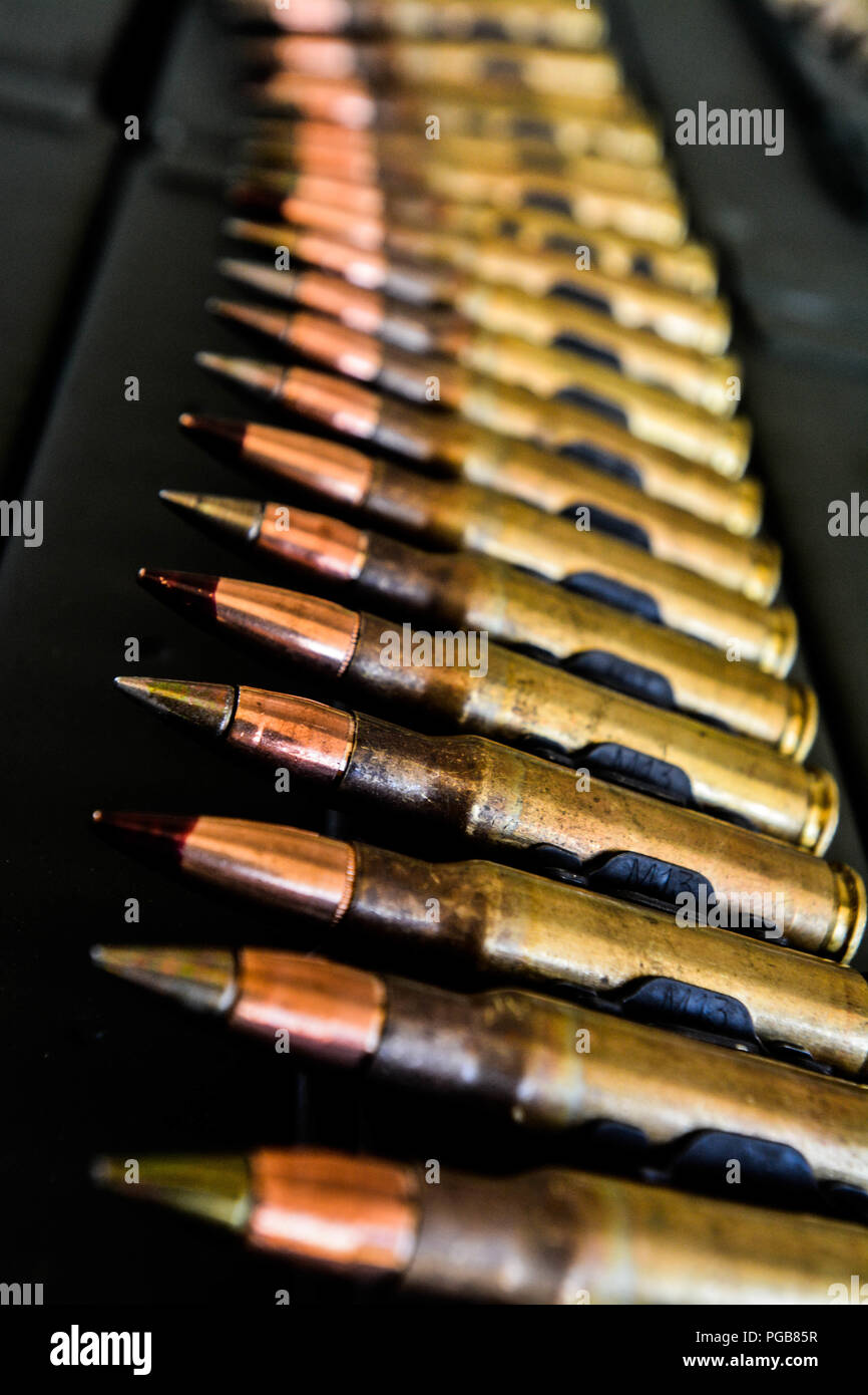 Une ceinture de M240B machine gun munitions est aménagé pour un soldat de réserve de l'armée américaine d'utiliser pour la qualification lors de l'opération d'acier froid II, organisé par l'armée américaine et des affaires civiles de la commande d'opérations psychologiques (Airborne), Août 14, 2018 at Joint Base McGuire-Dix-Lakehurst, New Jersey. L'acier froid fonctionnement est l'armée américaine Réserver's armes collectives qualification et validation afin de s'assurer de l'Armée de l'Amérique et les soldats sont formés et prêts à se déployer à court préavis dans le cadre de prêt Force X et prêt au combat et la puissance de feu meurtrière à l'appui de l'armée et nos partenaires Banque D'Images