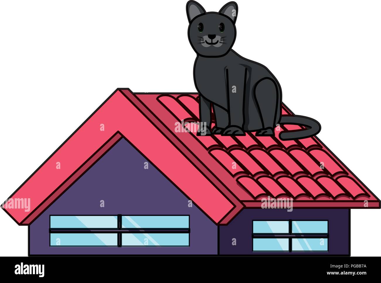 Chat mignon sur le toit sur fond blanc, vector illustration Image