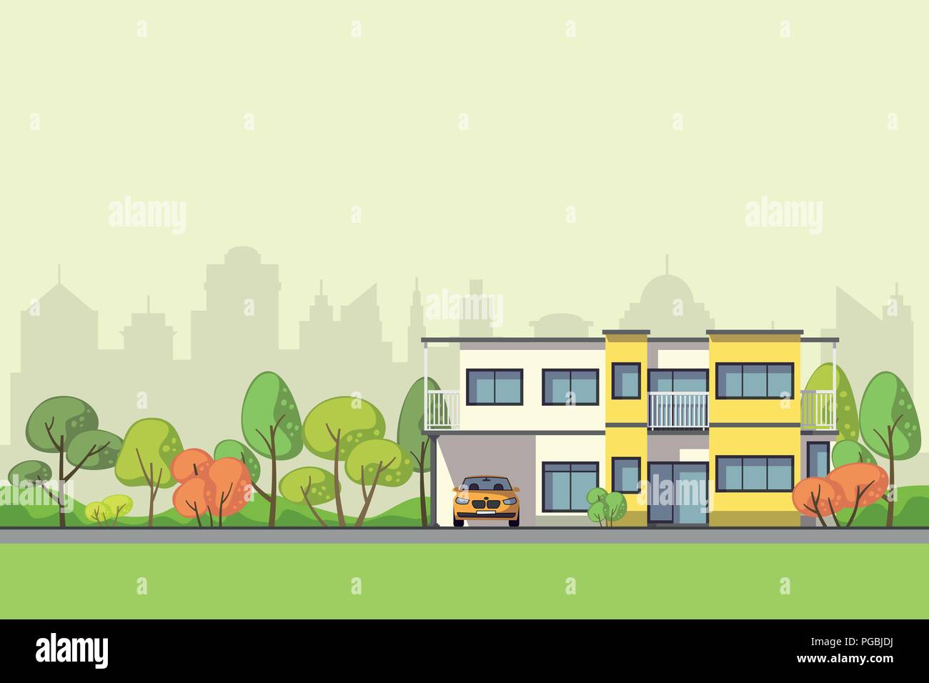 Maison moderne dans la banlieue avec voiture et arbres Illustration de Vecteur