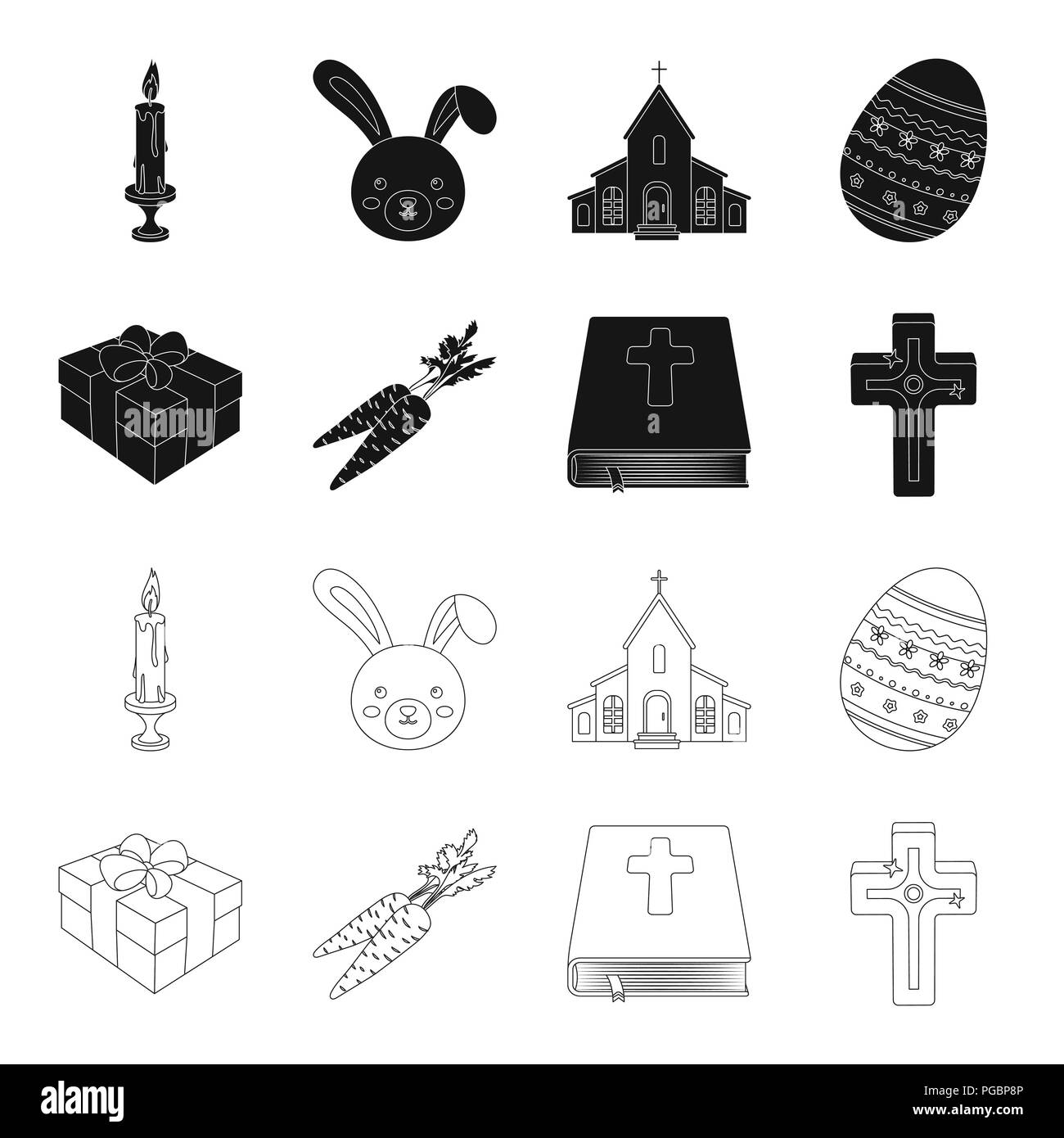 Croix, bible, don et les carottes.Jeu de Pâques collection icônes de style du contour noir, symbole vecteur illustration de stock . Illustration de Vecteur