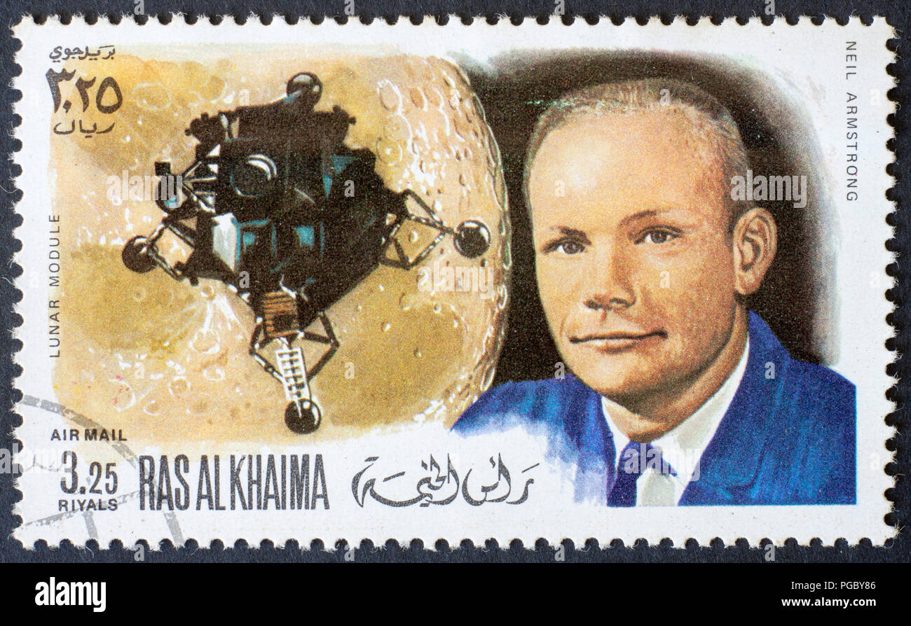 RAS AL KHAIMA - circa 1969 : timbre imprimé par RAS AL KHAIMA montre Neil Armstrong - le premier homme sur la Lune, vers 1969. Banque D'Images