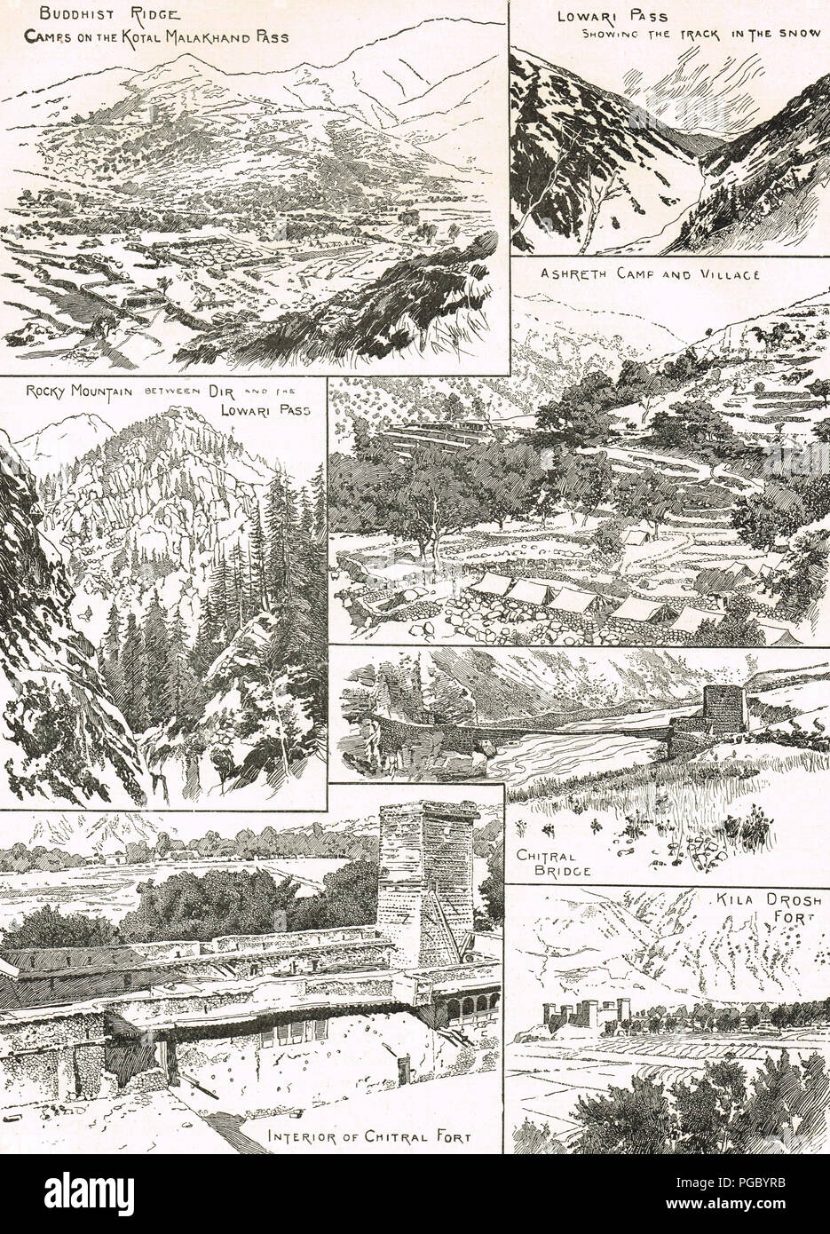 Endroits durant les guerres frontalières indiennes en 1897-1898. La crête de bouddhistes, col de Malakand, Lowari pass, Ashreth camp, pont de Chitral, Chitral, Kila Drosh fort fort Banque D'Images
