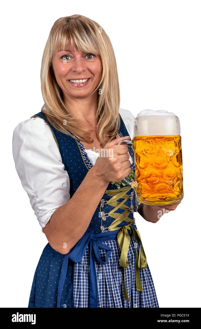 Femme en costume bavarois Dirndl holding une chope de bière à l'Oktoberfest à Munich Banque D'Images