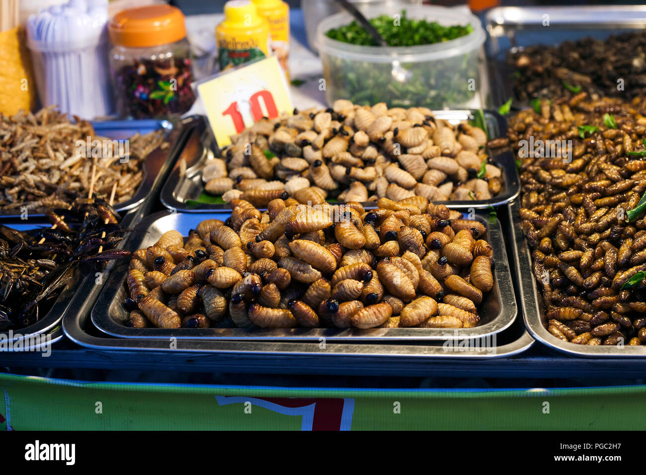 La nourriture thaïe épicée au plat de vers et d'insectes au marché de rue de nuit dans la ville de Phuket, Thaïlande. Protéines naturelles, selective focus Banque D'Images