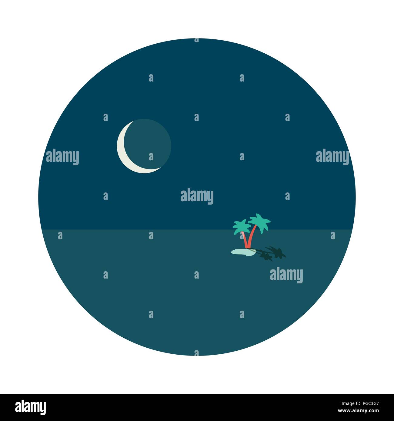 Oasis du désert de nuit lac avec deux palmiers au milieu des sables et big lune froide vignette ronde vecteur concept, poster wallpaper illustration isolé sur w Illustration de Vecteur