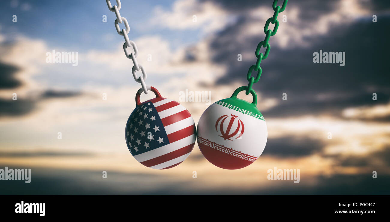 US d'Amérique et l'Iran relations. USA et drapeaux iraniens wrecking balls swinging sur fond de ciel bleu nuageux. 3d illustration Banque D'Images