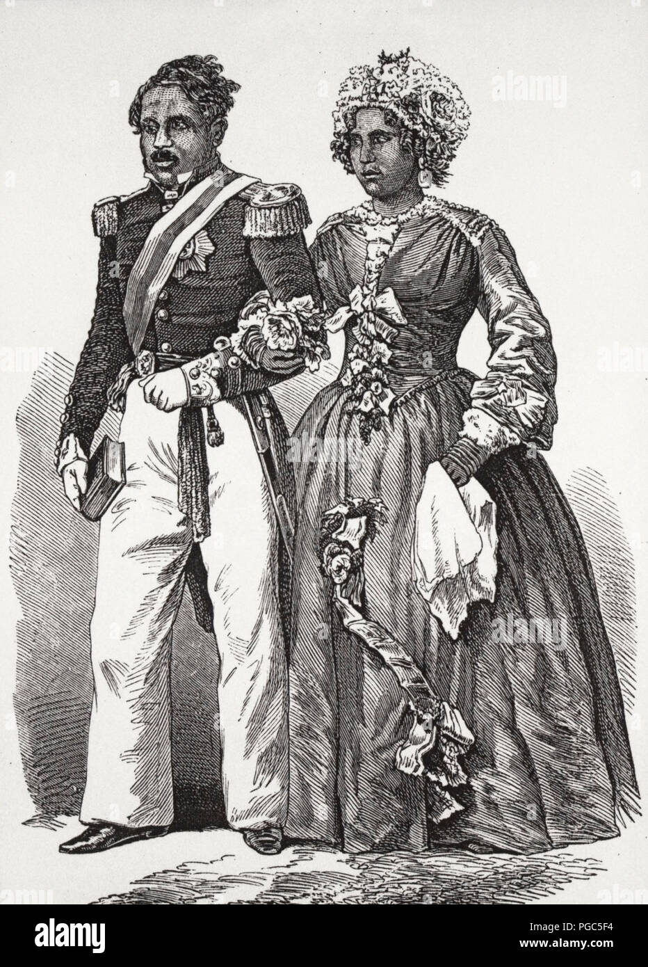 Gravure du futur roi Radama II et son épouse, Rabodo (future reine Rasoherina) alors qu'ils étaient encore prince et princesse en missionnaire LMS William Ellis. 1859 Banque D'Images