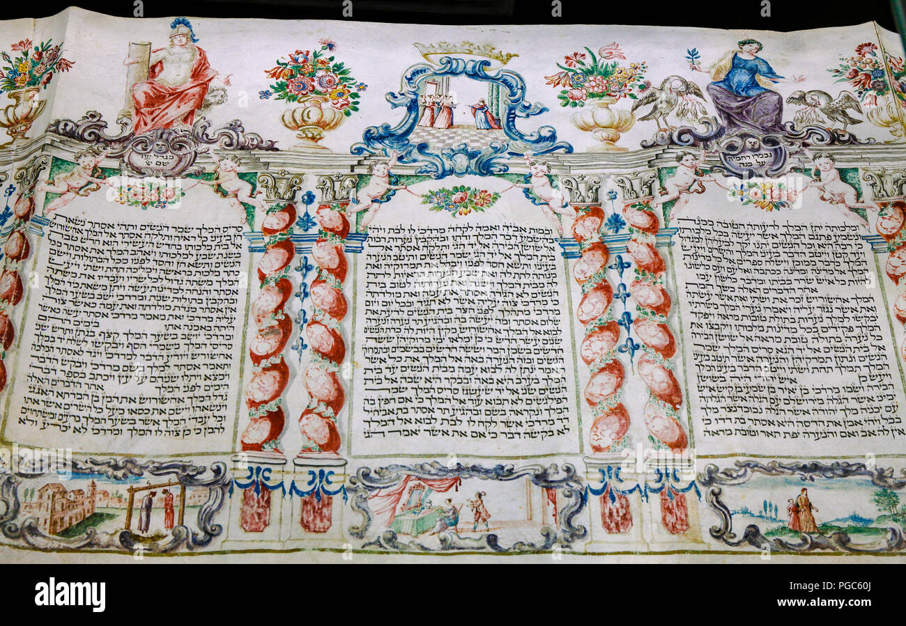 Italie Vénétie Padova : Musée juif de l'Ester -rouleau. Manuscrit sur parchemin Banque D'Images