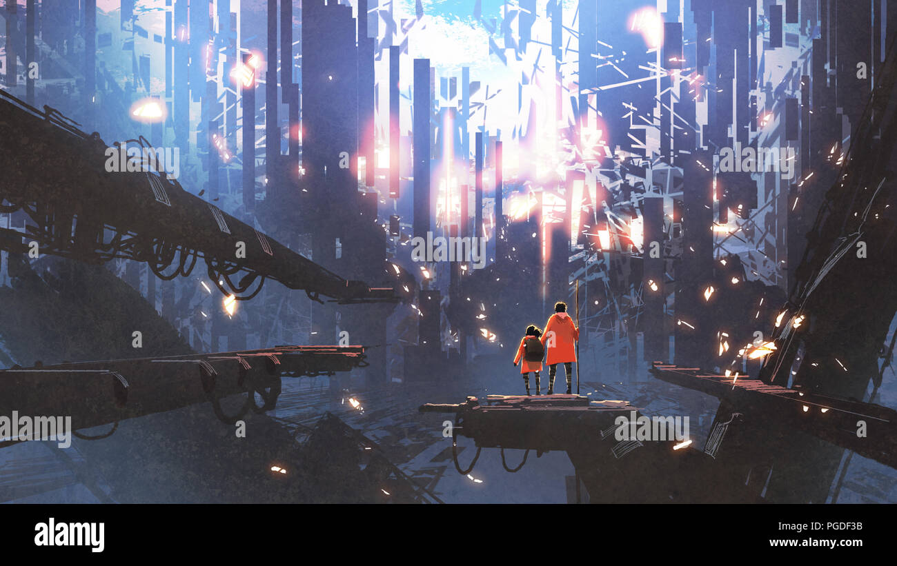 Le père et sa fille à la ville à l'abstrait avec particules lumineux volant autour d'eux, style art numérique, illustration peinture Banque D'Images