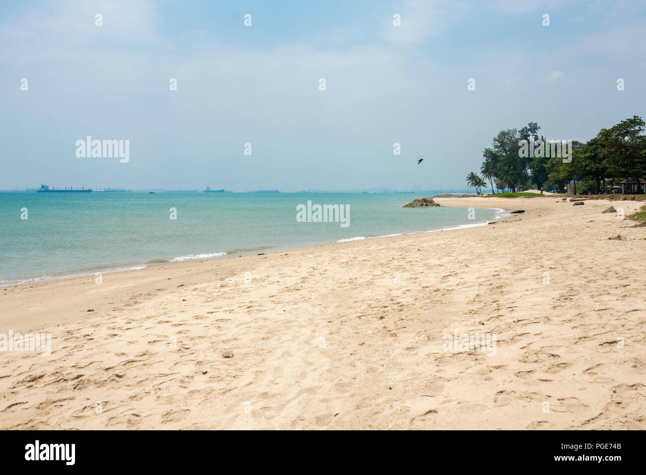 Singapour - 11 Février 2018 : plage de East Coast Park à Singapour avec des navires dans l'arrière-plan Banque D'Images