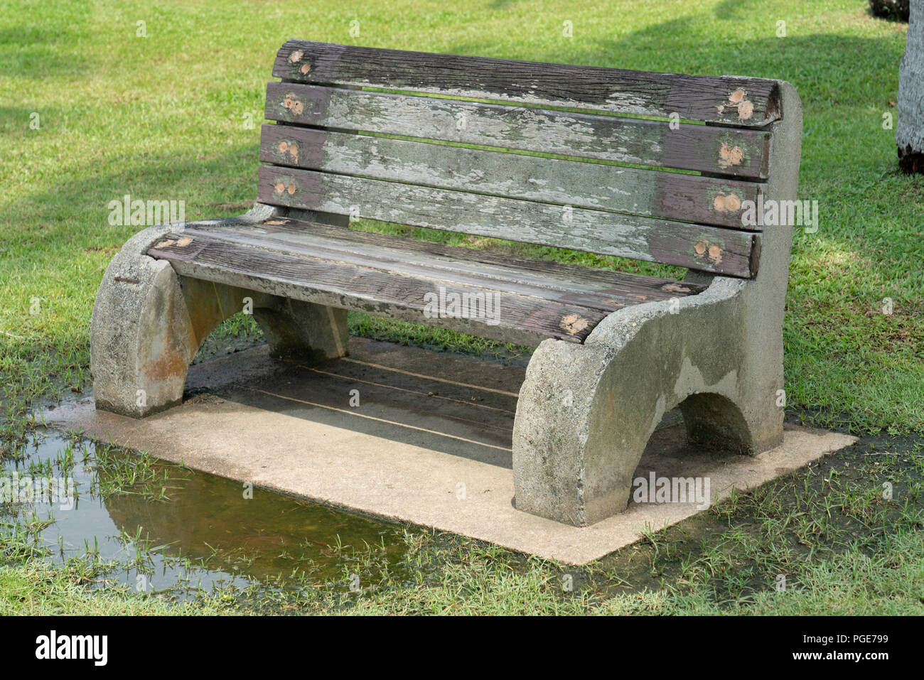 Singapour - 8 juillet 2018 : Parc de Pasir Ris banc simple parc avec de l'eau stagnante Banque D'Images