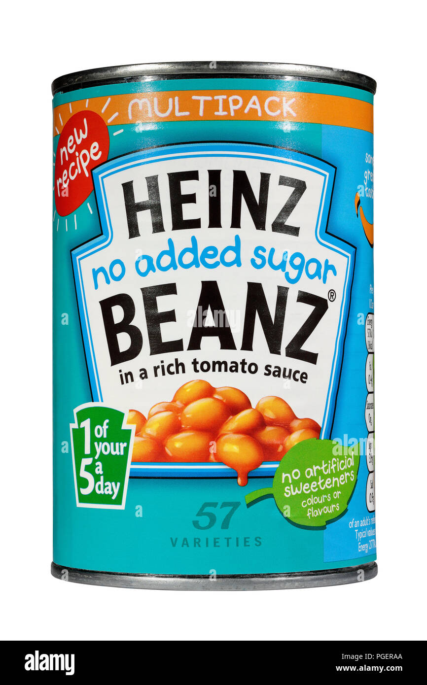 Une boîte de conserve sans sucre ajouté Heinz baked beans cafe du clocher isolé sur fond blanc Banque D'Images