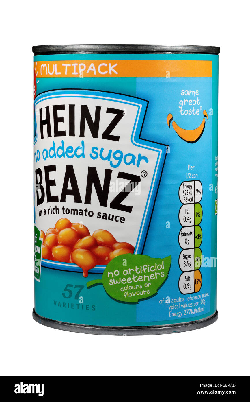 Une boîte de conserve sans sucre ajouté Heinz baked beans cafe du clocher isolé sur fond blanc Banque D'Images