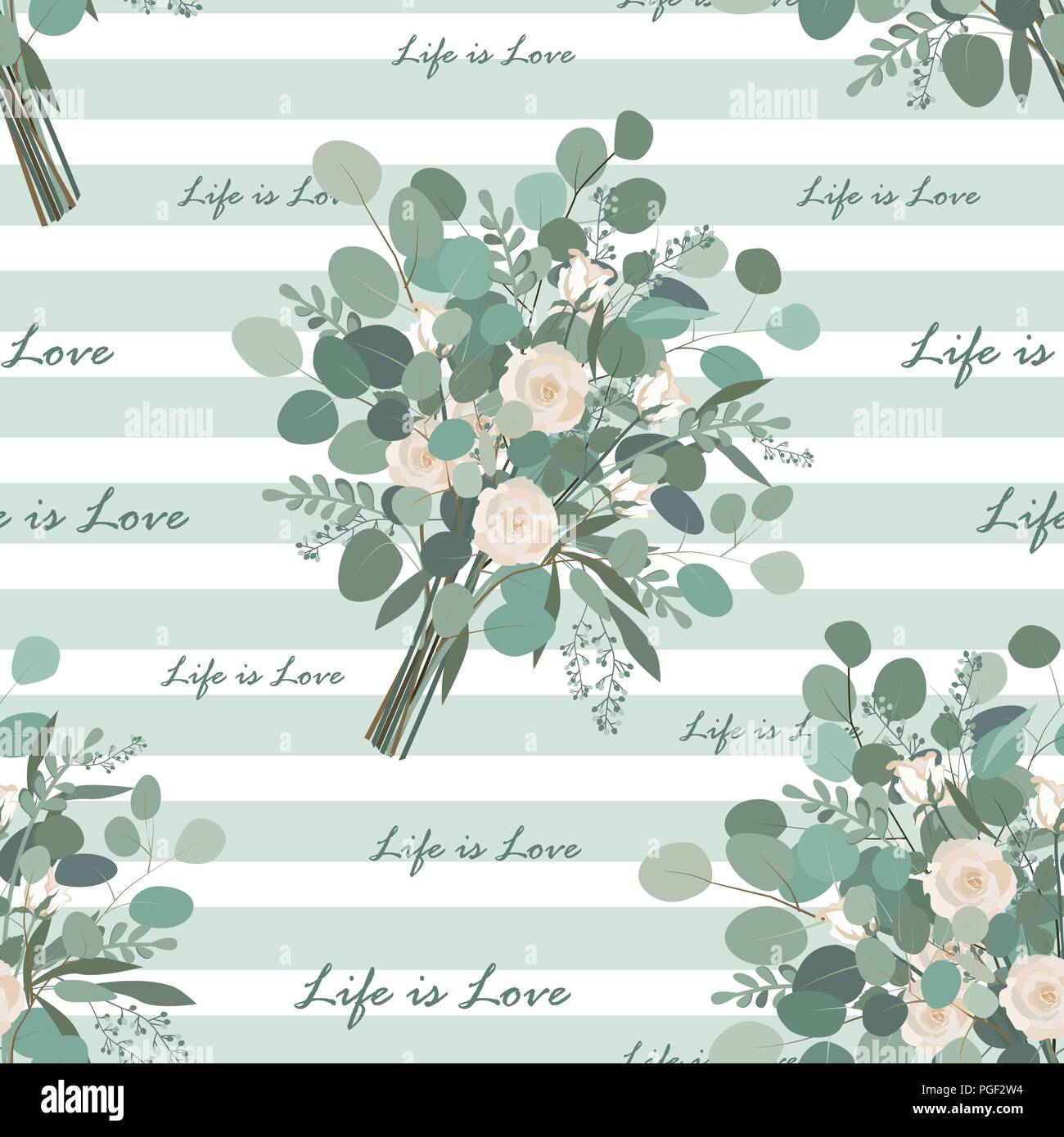 Motif transparent Bouquet de fleurs. Bouquets d'eucalyptus et de la vie est l'amour texte sur fond rayé. Illustration vectorielle. Pour la conception d'écran ou de textile Illustration de Vecteur