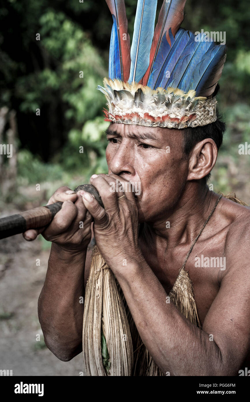 Bora tribesman avec coup de fléchettes dans la forêt amazonienne, le Pérou Banque D'Images