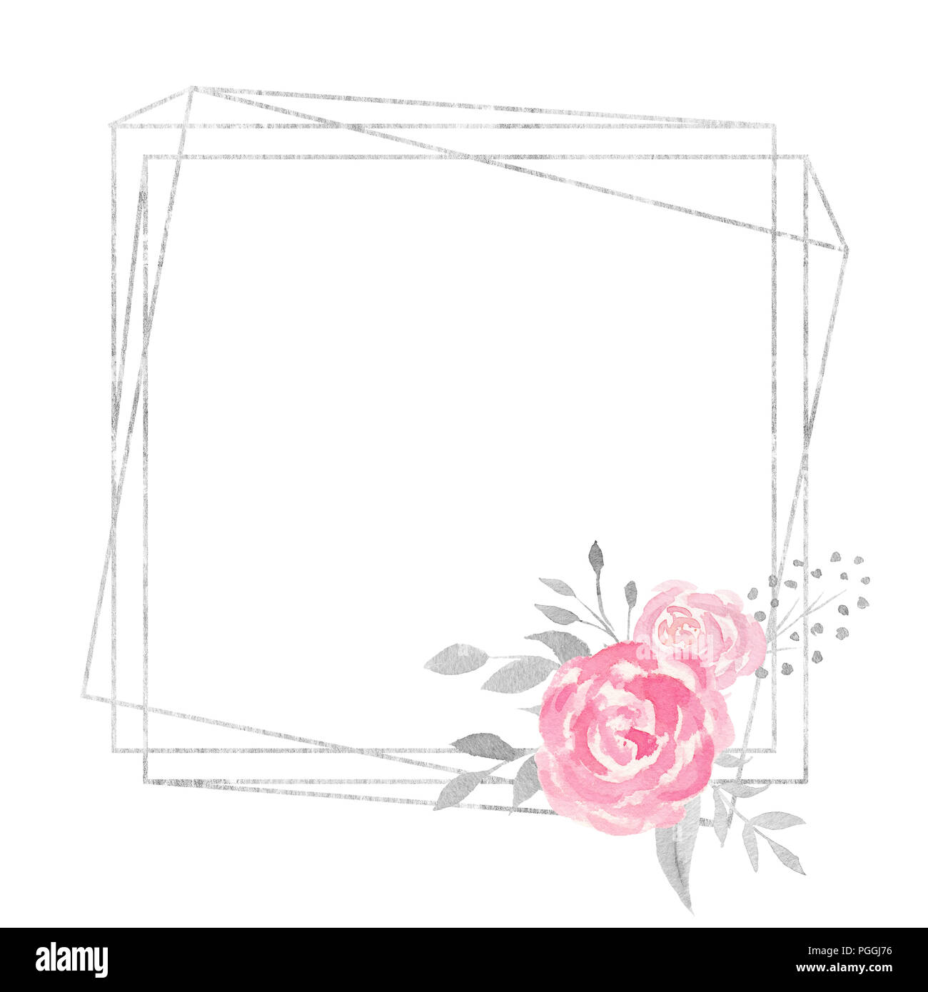 Aquarelle cadre frontière polygonale avec décoration florale de rose, feuilles, fleurs et branches. Cadre aquarelle pour votre conception. Parfait pour weddin Banque D'Images