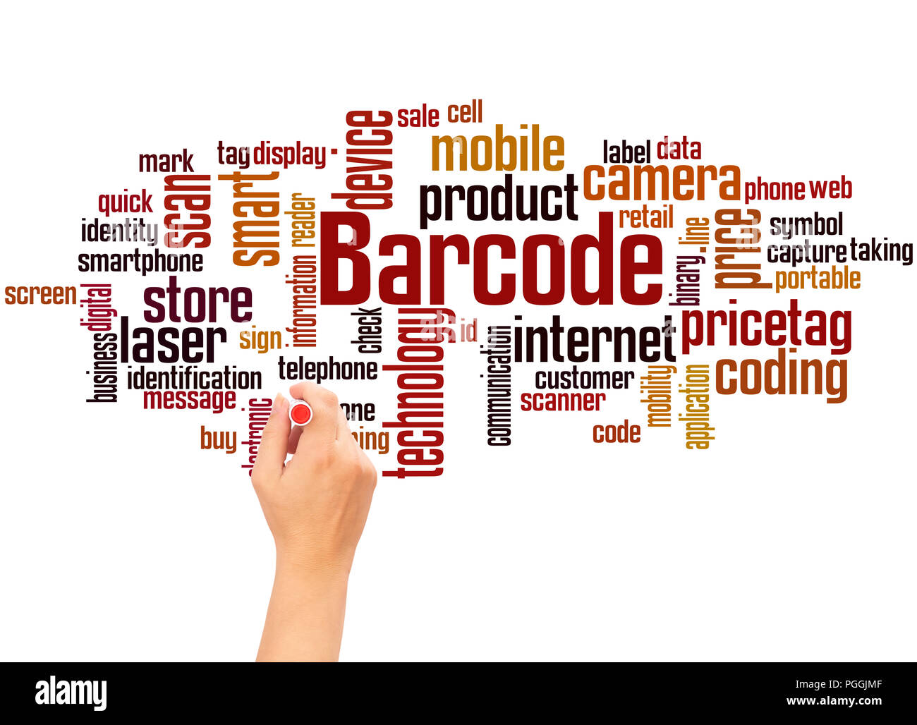 Nuage de mots de code à barres et la main concept sur fond blanc. Banque D'Images