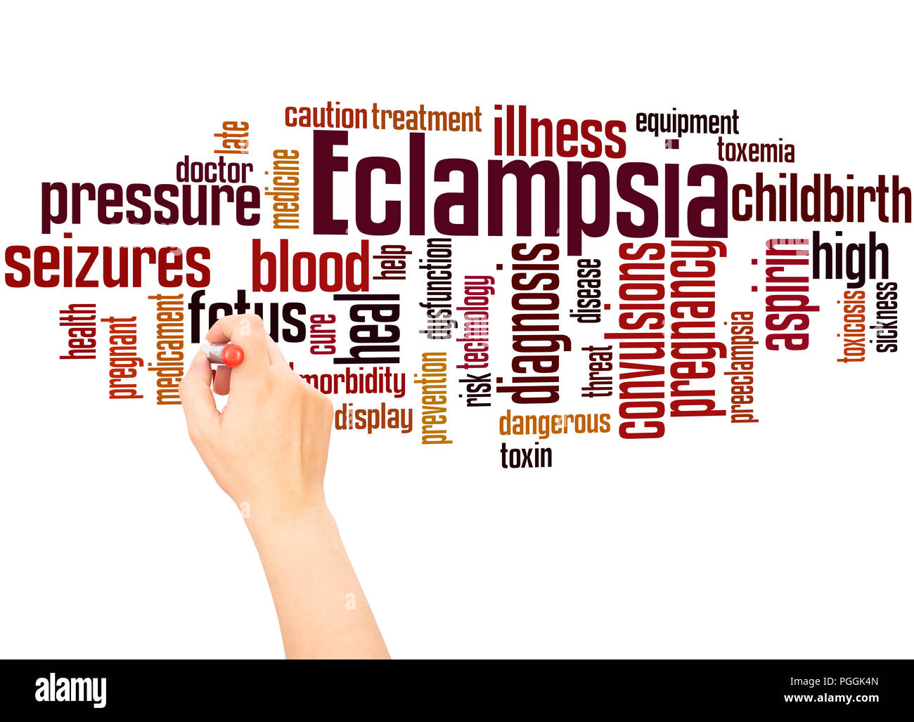 L'éclampsie word cloud et la main concept sur fond blanc. Banque D'Images