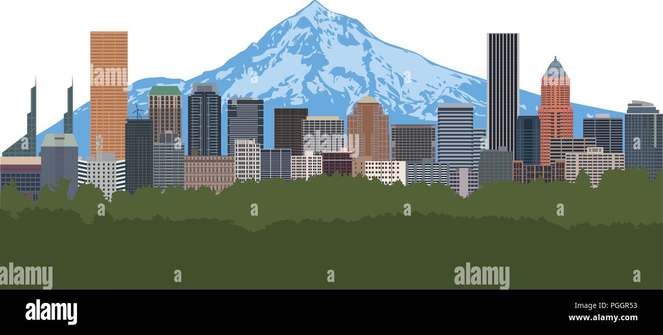 Portland Oregon city centre-ville avec le Mont Hood illustration couleur Illustration de Vecteur