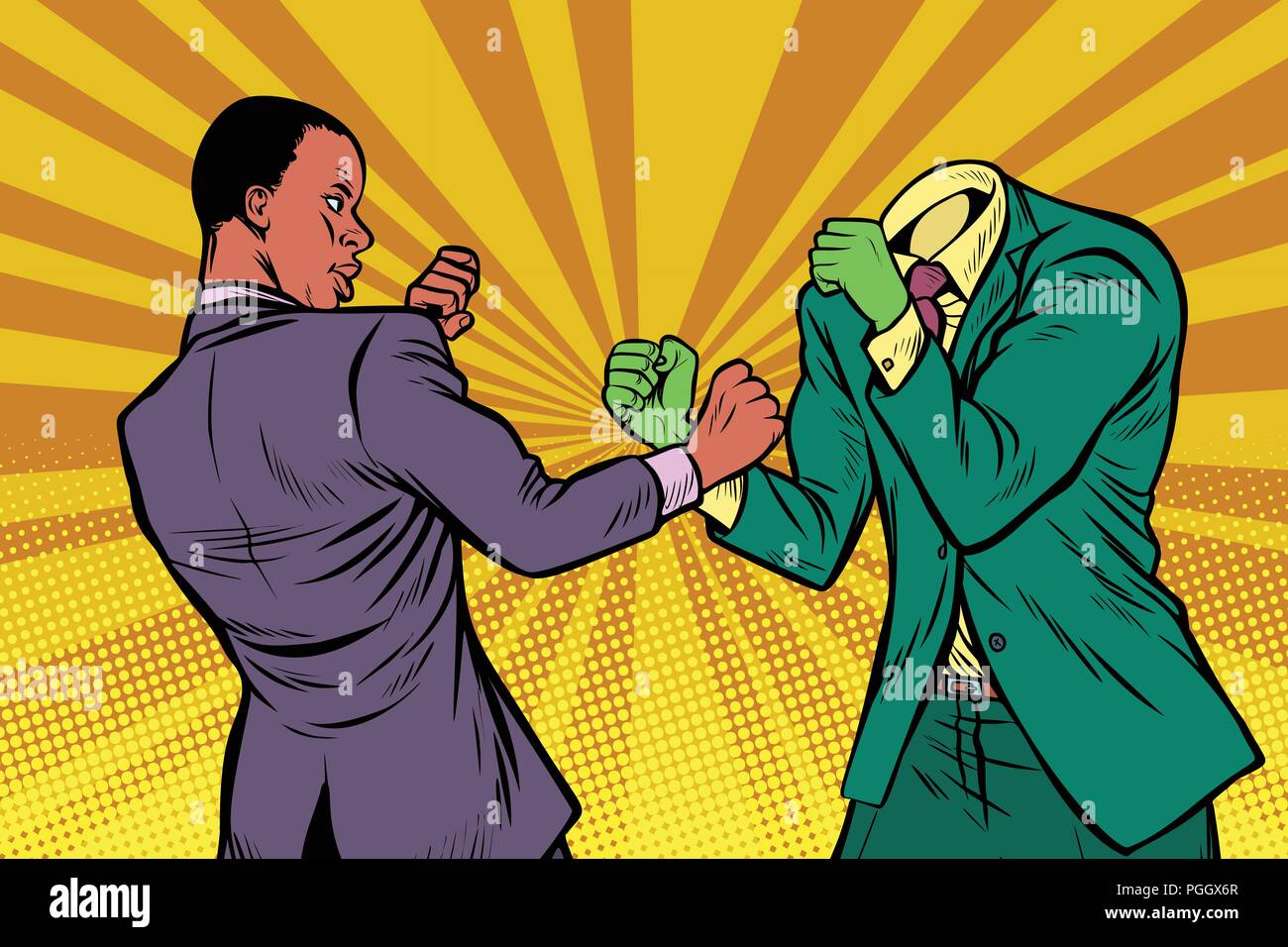 L'homme africain se bat avec le monstre vert Illustration de Vecteur