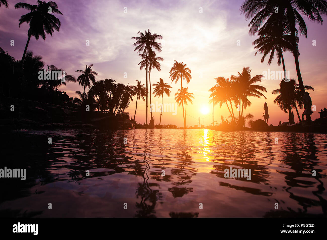 Crépuscule sur une plage tropicale avec des silhouettes de palmiers réflexions dans l'eau en couleur surréaliste. Banque D'Images