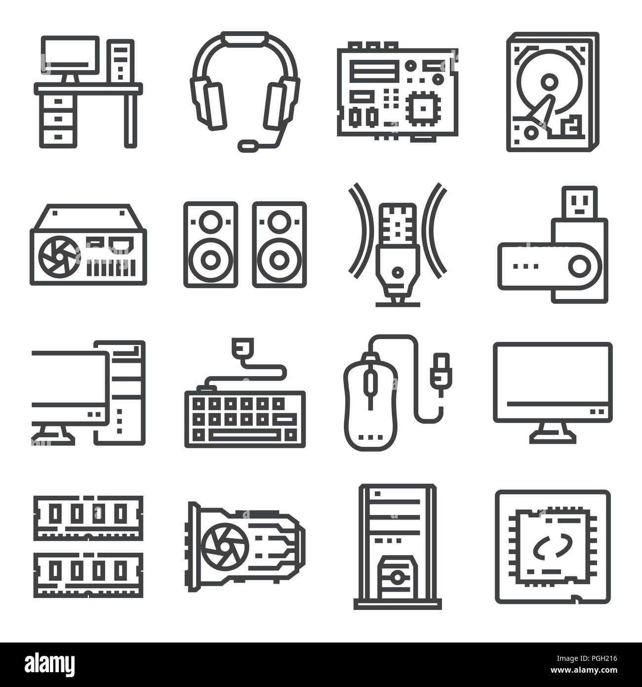 Matériel informatique Icons Set. Composants d'un PC. Carte mère, processeur, disque dur, clavier et plus Illustration de Vecteur