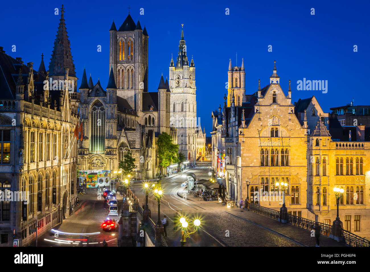 Gand, Belgique - 20 juin 2018 - vue sur la vieille ville de nuit Banque D'Images