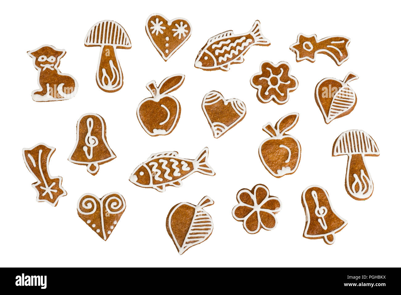 Jeu de Noël et Nouvel An gingerbreads. Sweet collection de pâtisseries décorées à la main avec saveur aromatique. Cute confections de différentes formes. Banque D'Images
