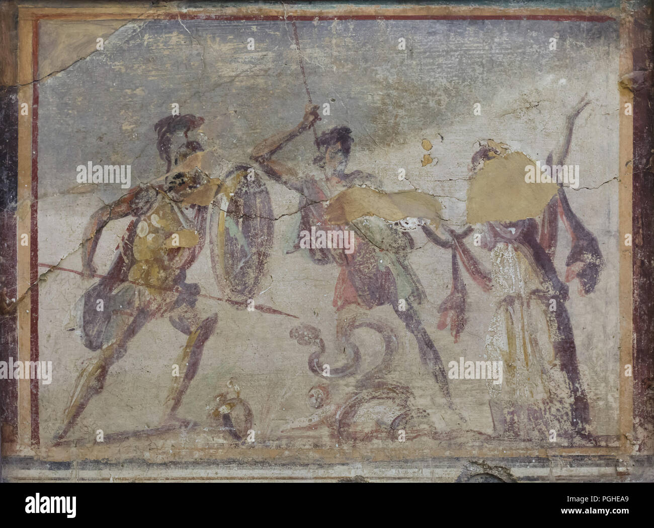 Aussi connu sous le Archemoros Opheltes piégés par le serpent représenté dans la fresque romaine datée du 1er siècle avant J.-C. sur l'affichage dans le Musée Archéologique National (Museo Archeologico Nazionale di Napoli) à Naples, Campanie, Italie. Quand les sept héros Argive marcher contre Thèbes atteint Nemea ils demandé Hypsipyle, nursemaid de peu d'Opheltes, où ils pourraient trouver de l'eau, elle posa le bébé à leur montrer la fontaine, et le bébé a été dévoré par le serpent. Il a été renommé Archemoros, précurseur de la mort. Banque D'Images