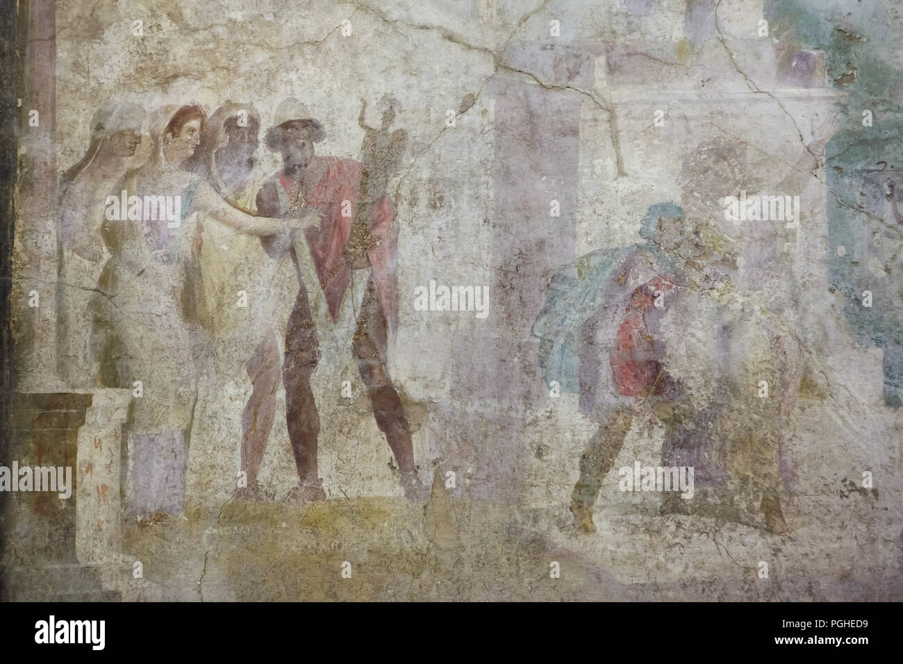 Ulysse et Cassandra représenté dans la fresque romaine de Pompéi (1-79 MA), maintenant exposée dans le Musée Archéologique National (Museo Archeologico Nazionale di Napoli) à Naples, Campanie, Italie. Ulysse tient dans sa main le Palladium (la statue en bois de Pallas) qu'il a volés dans le temple. La prophétesse Cassandre, qui avait fui et il a cherché à se défendre elle-même près de l'autel. Banque D'Images