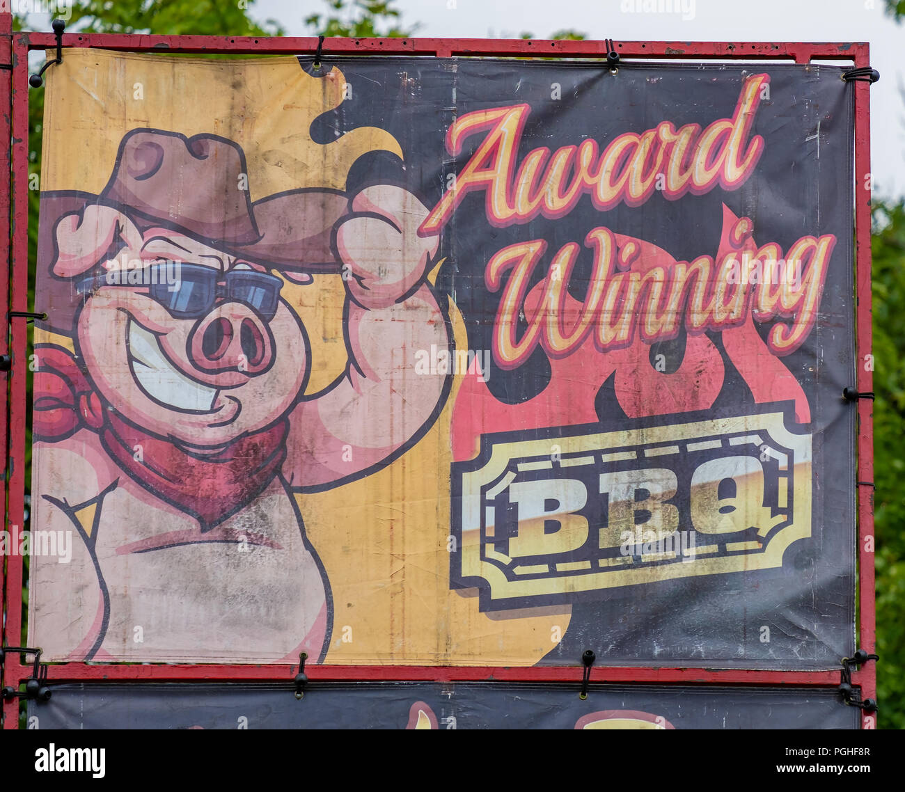 Sign advertising award winning BBQ vu lors de l'Assemblée Ribfest à Orillia (Ontario) Canada. Banque D'Images