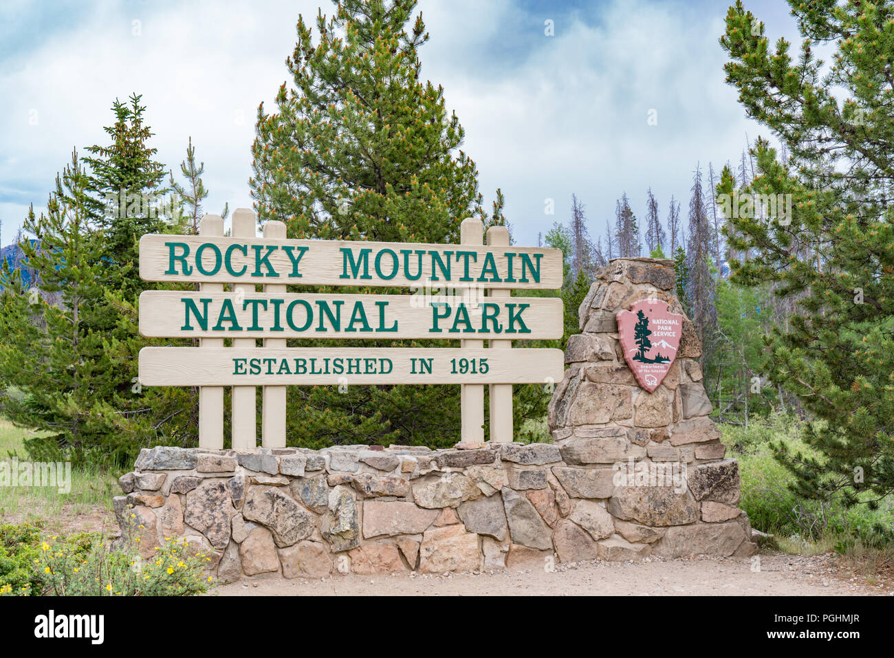 ESTES PARK, CO - le 22 juin 2018 Bienvenue : inscrivez-vous à l'entrée de Rocky Mountain National Park, Colorado Banque D'Images